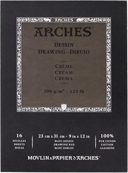 Crème 200 gr 100% Katoen (16 vel) Blok A4+ 1 zijde gelijmd Tekenpapier Arches