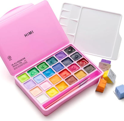 HIMI Gouache Set 24 kleuren in box roze + 3 penselen