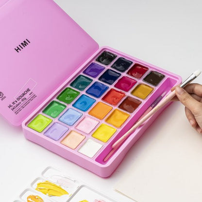 HIMI Gouache Set 24 kleuren in box roze + 3 penselen