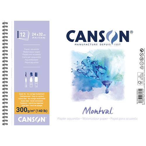 Aquarelpapier 300 gr. 24x32 cm 12 vel spiraalblok Canson type: Montval